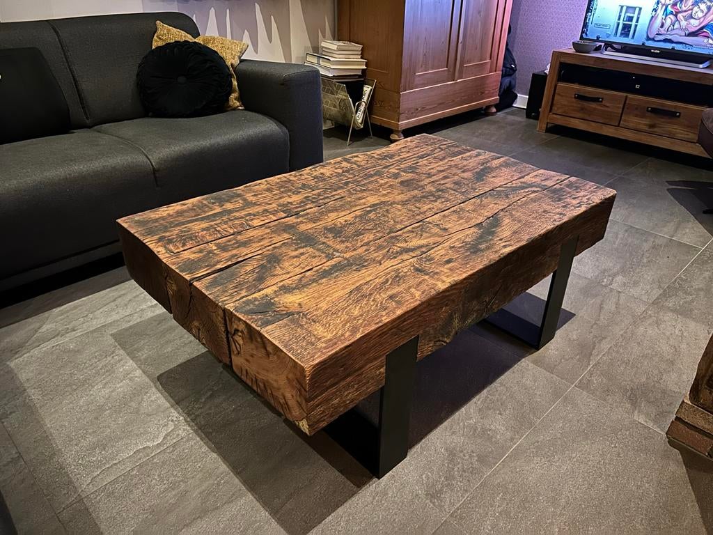 Robuuste Oud Eiken Bielzen Salontafel - Uniek & Duurzaam!, Ophalen, Gebruikt, 100 tot 150 cm, Eikenhout