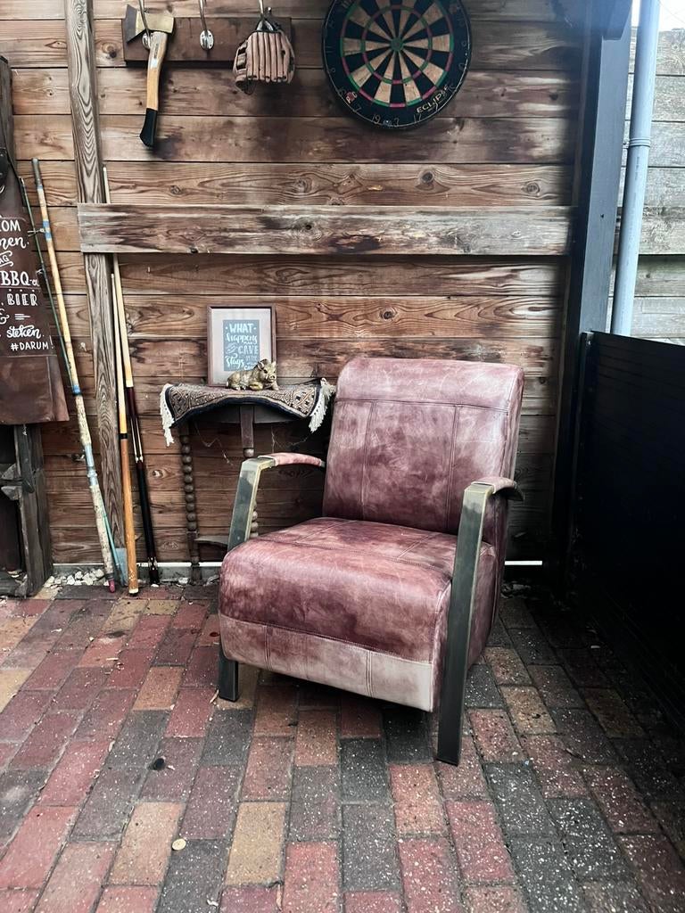 Leren fauteuils met rvs leuningen, Ophalen of Verzenden, Zo goed als nieuw, 50 tot 75 cm, Leer