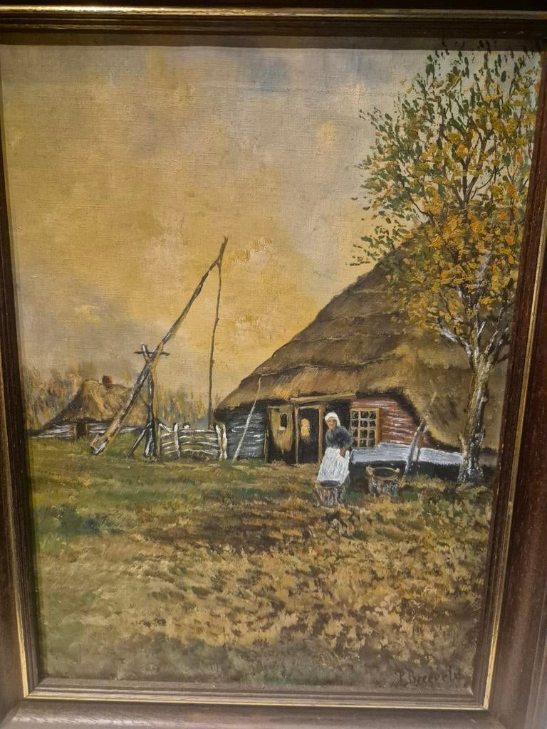 Schilderij van een boerderij met hooiberg, Antiek en Kunst, Kunst | Schilderijen | Klassiek, Ophalen of Verzenden