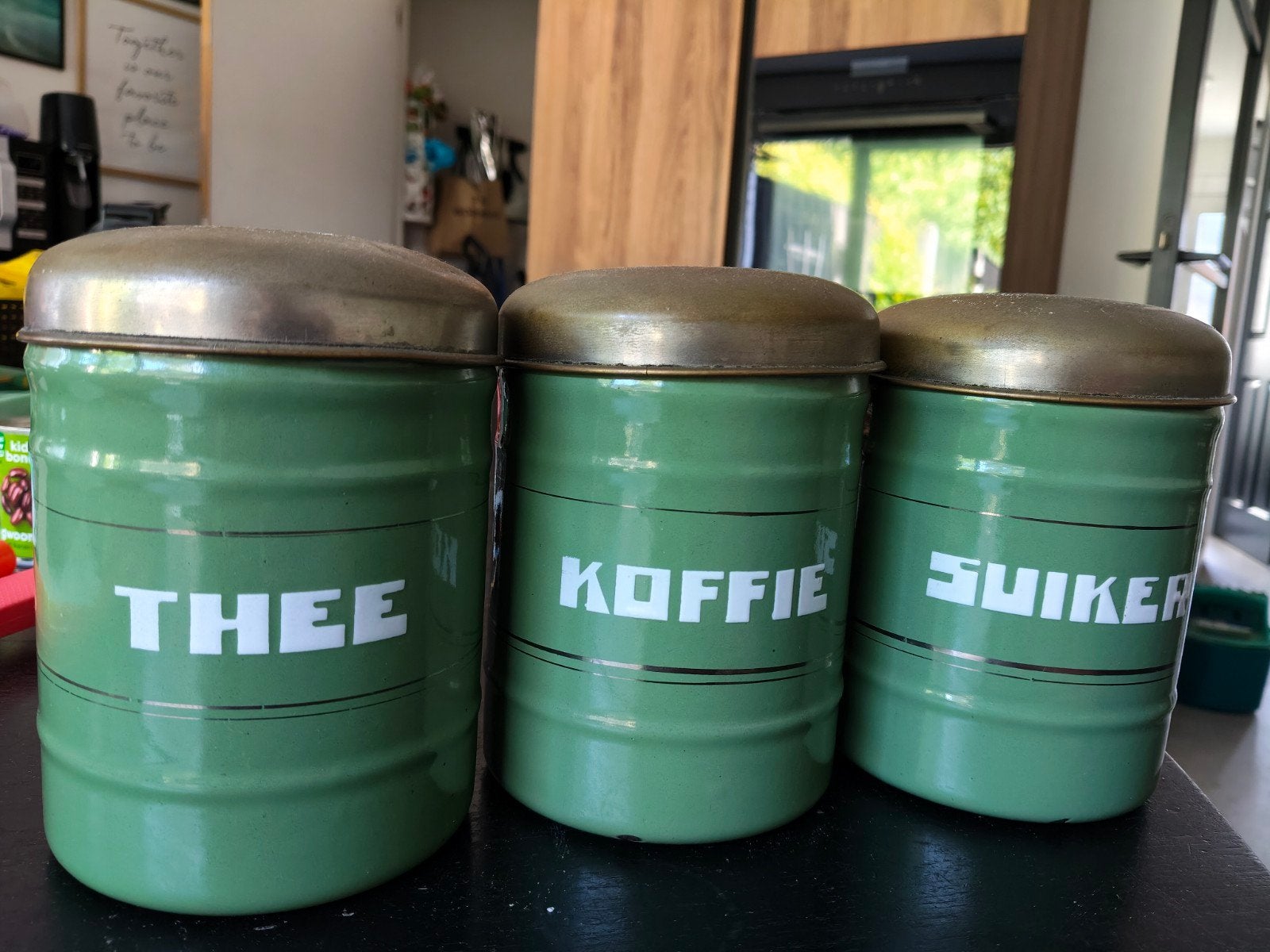 Vintage voorraadblikken set: Thee, Koffie, Suiker, Ophalen