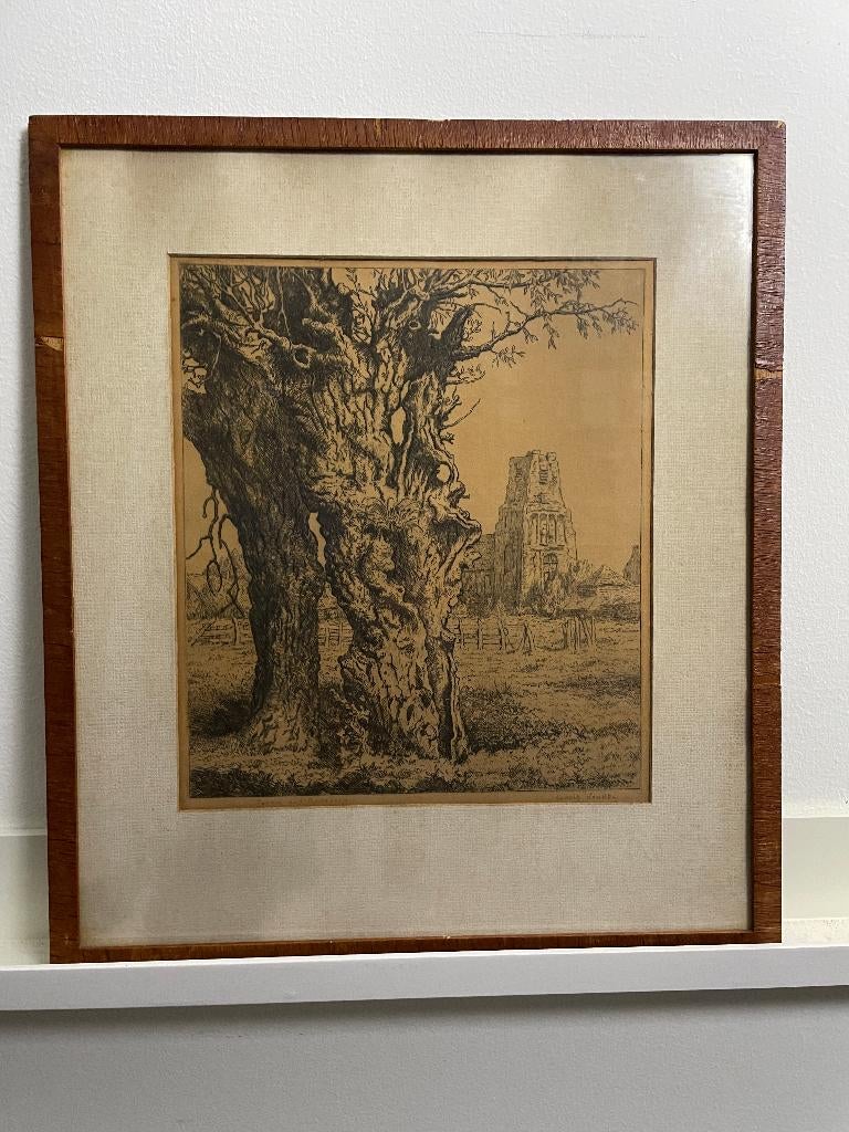 Gerrit N. Woudt (1911-1983) - ets knotwilg en kerktoren, Antiek en Kunst, 28 cm, Ingelijst, Ets, Stadsgezicht