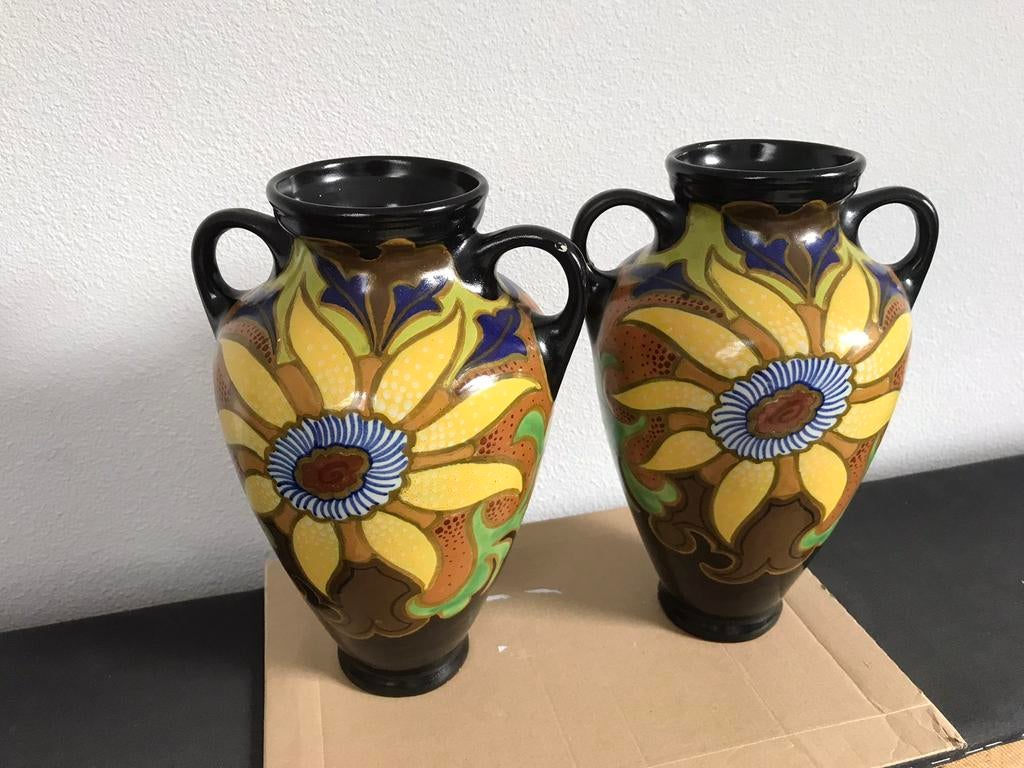 Unieke Set Gouds Plateel Vazen – De Iris – Decor 'Agnes', Ophalen of Verzenden