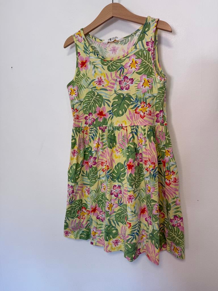 H&M jurk geel met tropische print maat 134 140, Ophalen of Verzenden, Zo goed als nieuw, Meisje, Jurk of Rok