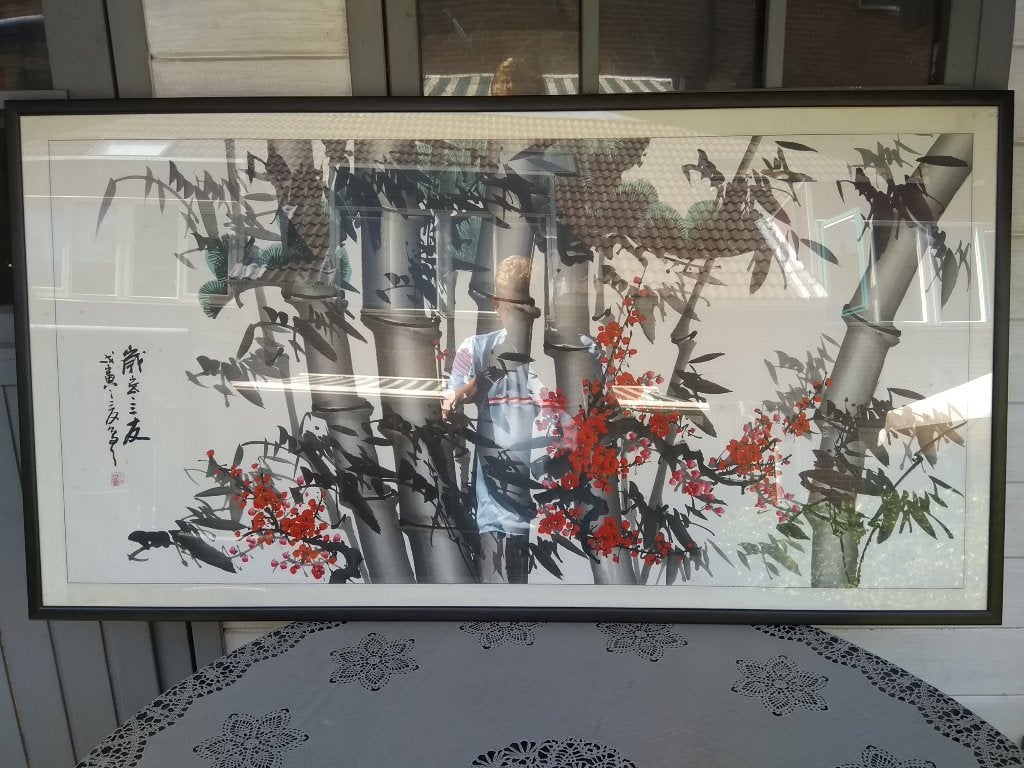Large Chinees Aquarel  "De Drie Vrienden van de Winter", Antiek en Kunst, Kunst | Schilderijen | Modern, Ophalen, Aquarel, Overig onderwerp