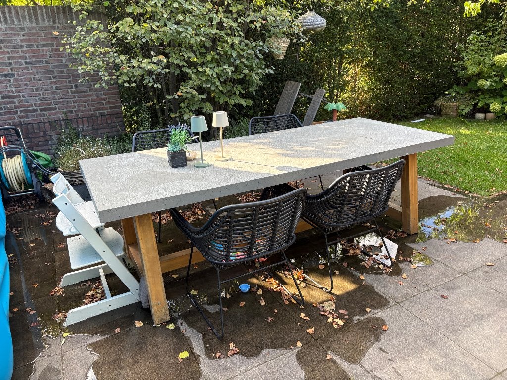 Tuintafel met scheur | betonlook + hardhout | 250x100cm, Ophalen, Gebruikt, Rechthoekig, Overige materialen