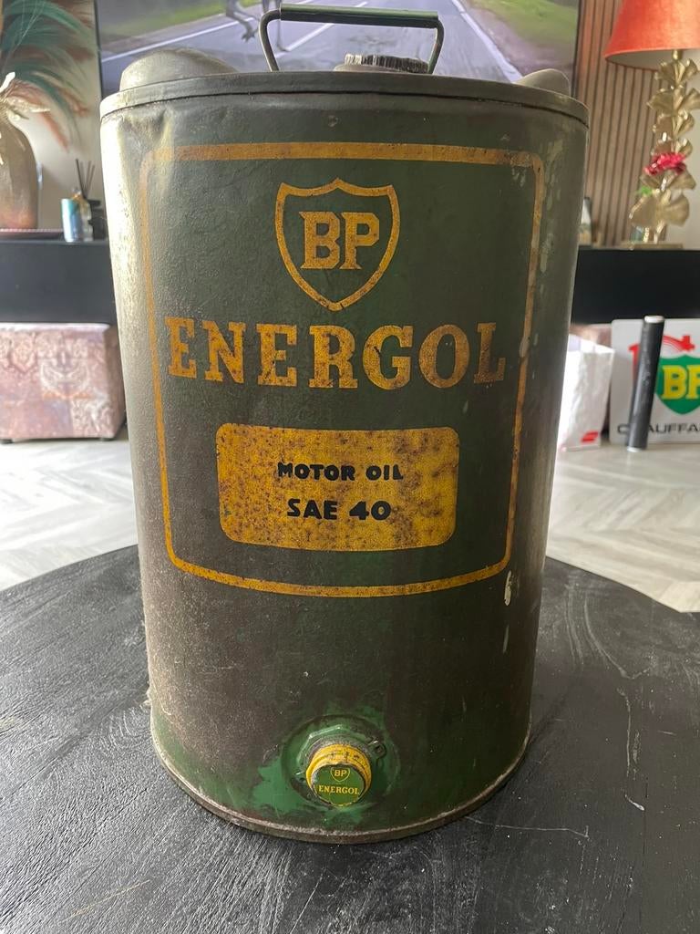 Te koop zeer oud blik benzine merk Bp, Ophalen, Gebruikt