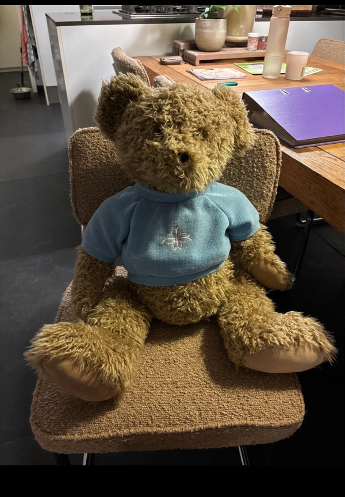 Grote teddybeer met blauw truitje, Gebruikt, Beer, Ophalen of Verzenden, Middelgroot (20 tot 80 cm)