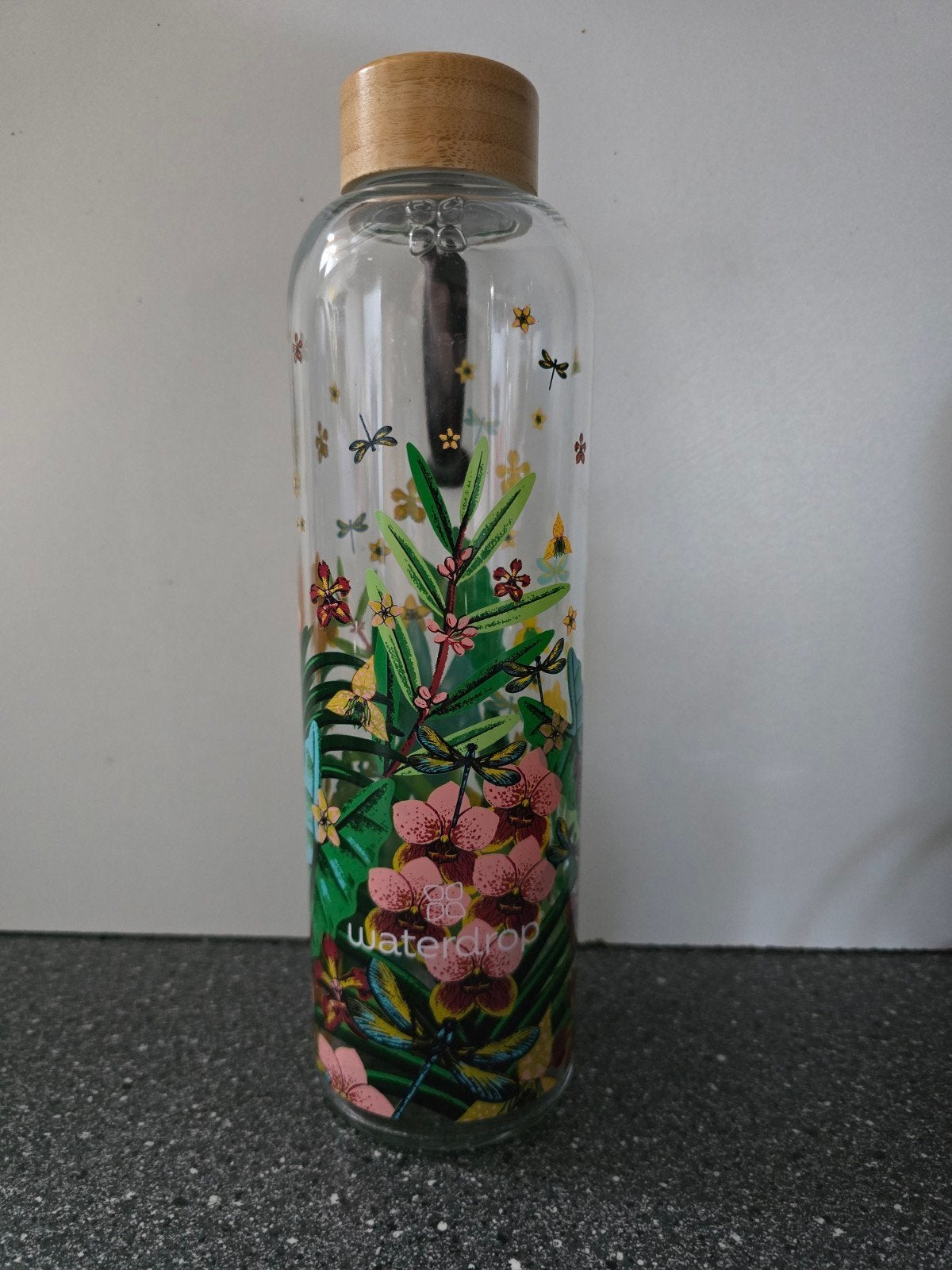 Waterdrop glazen drinkfles met bamboe dop en bloemenprint, Ophalen of Verzenden, Zo goed als nieuw