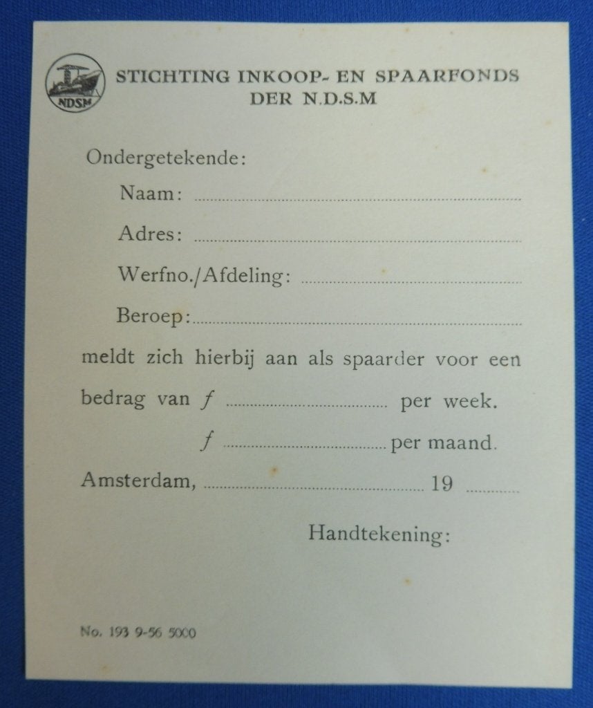 Historisch spaarkaartje Stichting Spaarfonds NDSM uit 1956, Verzenden, 1940 tot 1960, Nederland, Knipsel(s)