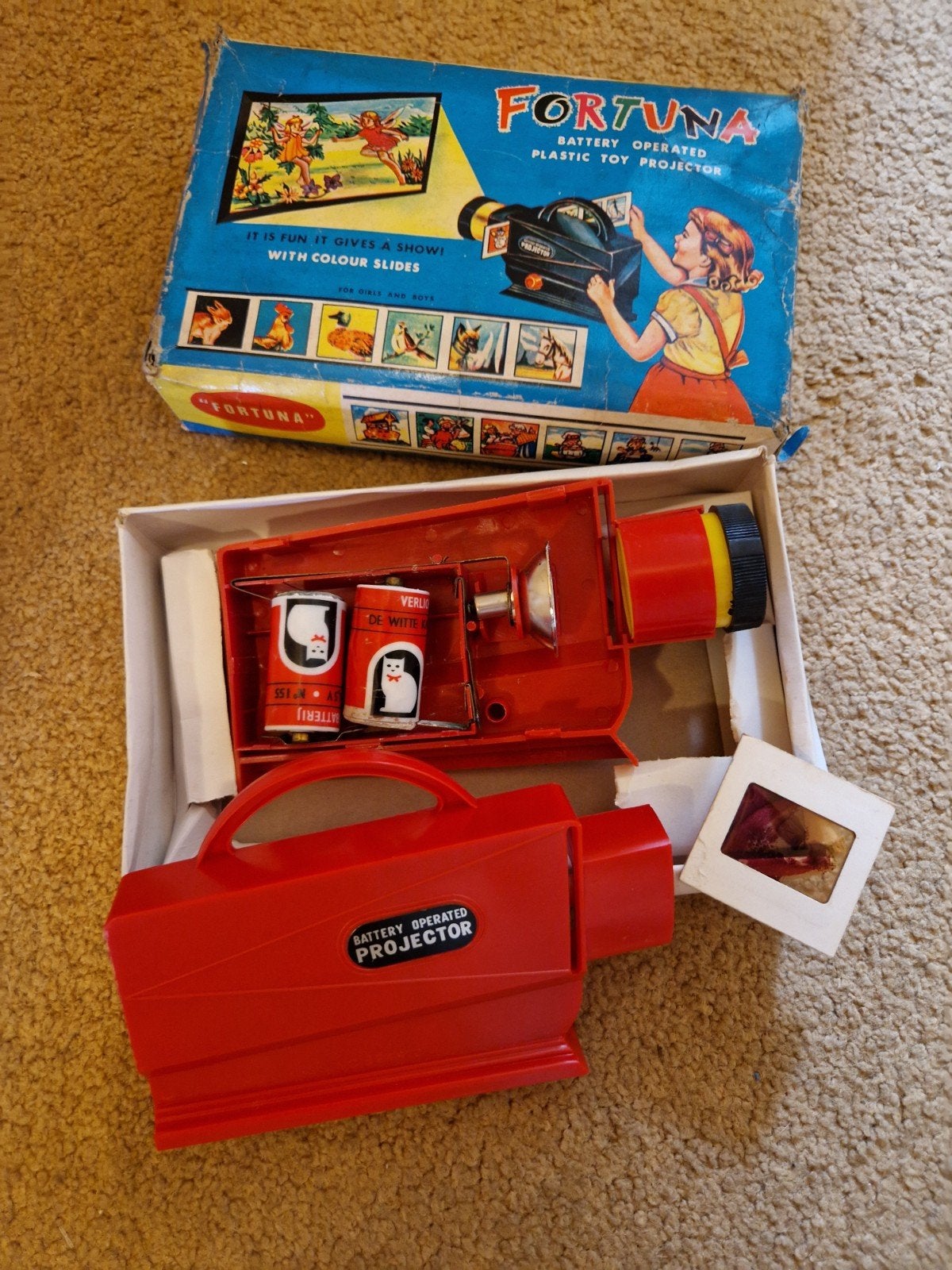 Vintage Fortuna Kinderprojector Jaren '50 met Dia's, Ophalen of Verzenden, Gebruikt