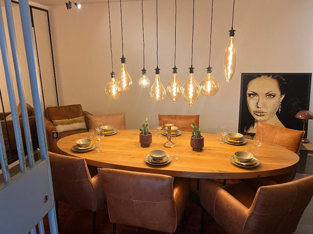 Ovale eettafel 260 met 6 leren stoelen, Ophalen, Kastenn, Nieuw, 7001BH