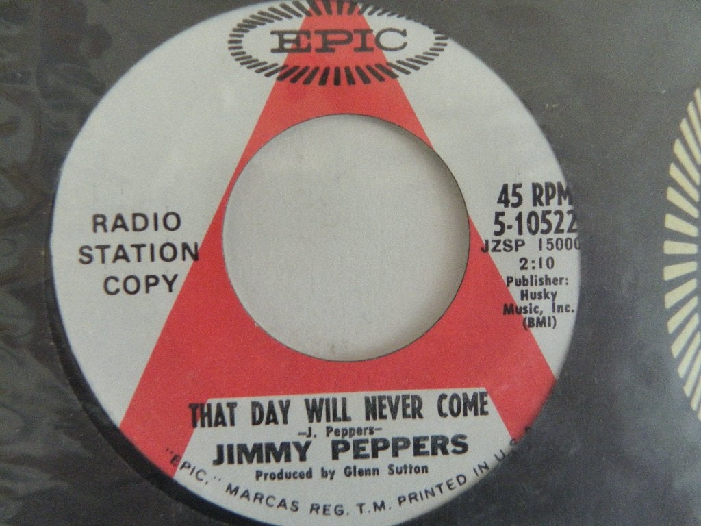 Single Jimmy Peppers - That Day Will Never Come - Promo, 7 inch, Ophalen of Verzenden, Zo goed als nieuw, Country en Western