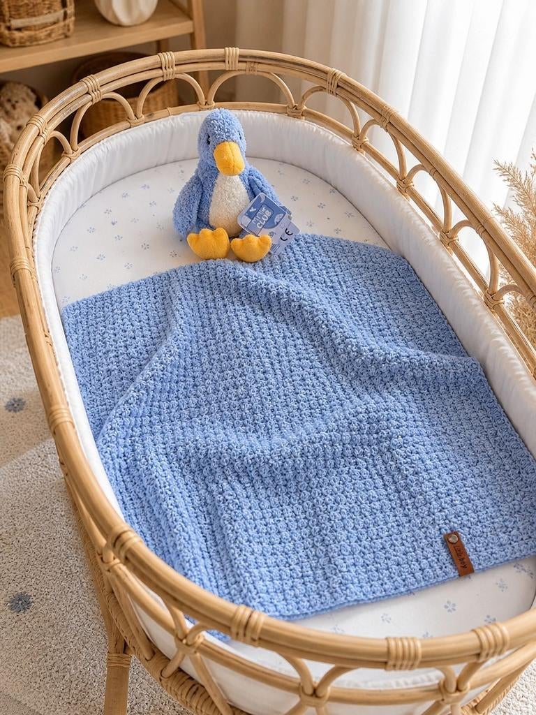 Babydeken blauw gehaakt - zacht en warm met knuffel, Ophalen of Verzenden, Zo goed als nieuw, Deken