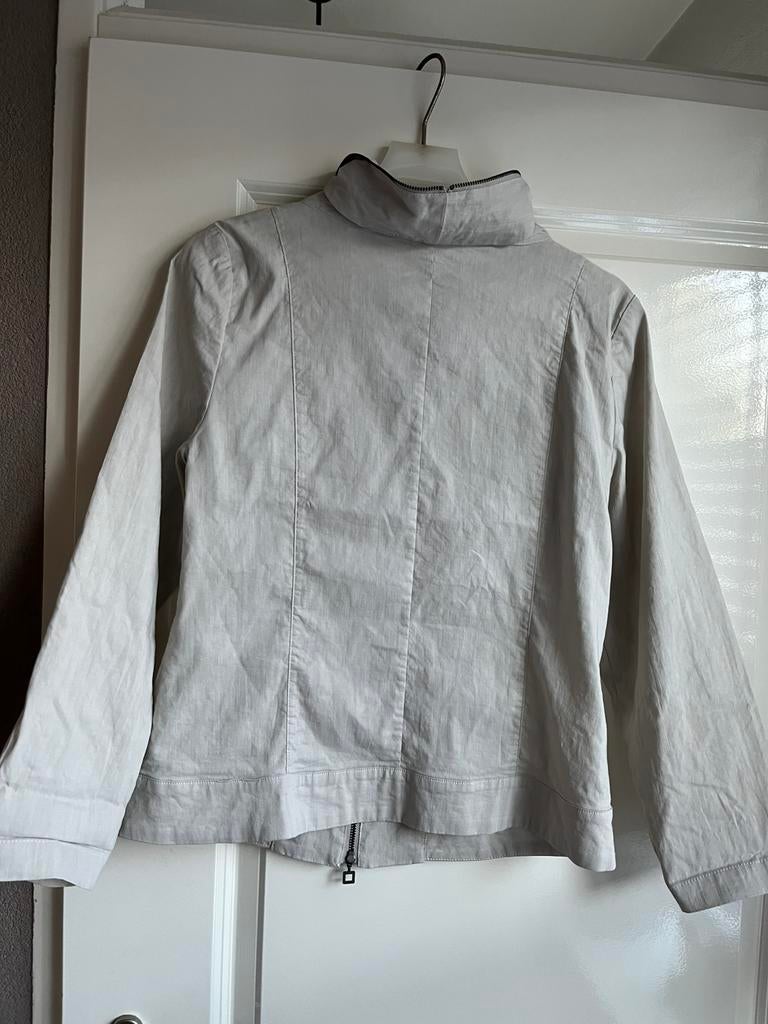 SARAH PACINI GRIJS LINEN/ELASTOMULTIESTER jurk met blazer, Ophalen of Verzenden, Zo goed als nieuw, Maat 38/40 (M), Grijs