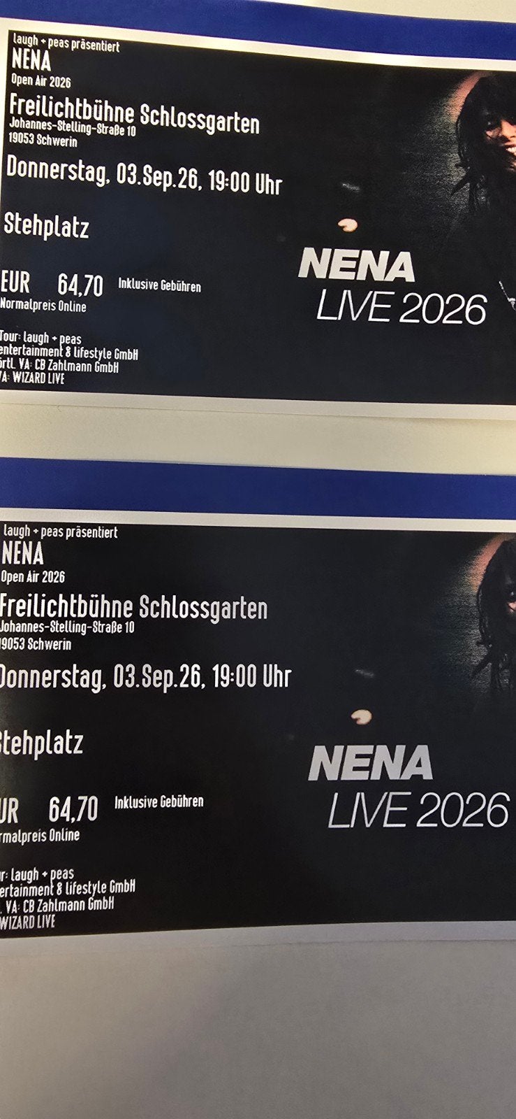 Nena 2 tickets freilichtbuhne schlossgarten Schwerin, Twee personen, September