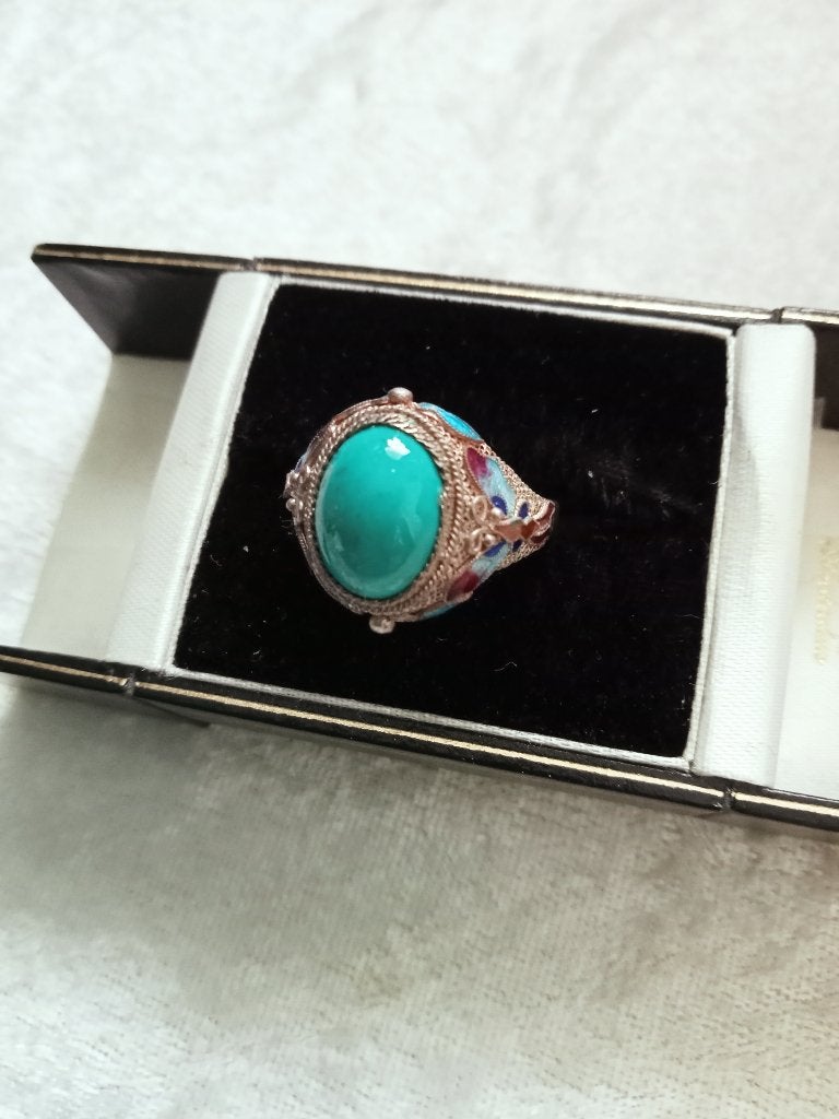 Mooie Zilveren Ring met Turkois en geëmailleerd - maat 18, Verzenden, Zilver, Ring