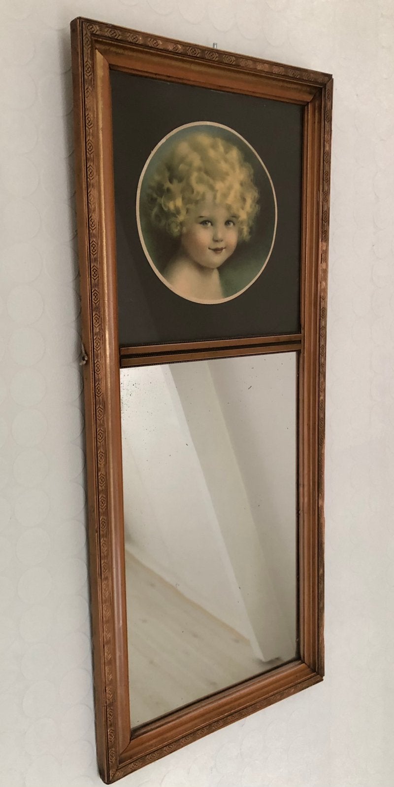 Leuke brocante spiegel met afbeelding meisje, Antiek en Kunst, Ophalen, Rechthoekig, Minder dan 50 cm