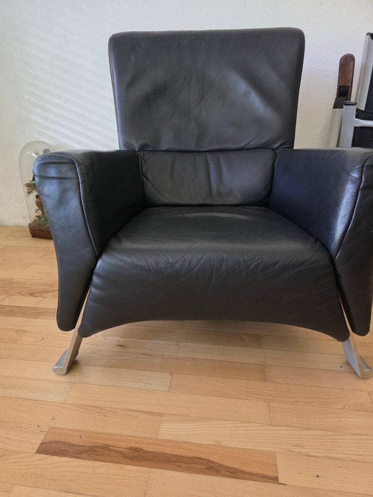 Rolf Benz 322 fauteuil - Zwart leer, dik en zonder scheurtje, Gebruikt, Zwart, Leer, Ophalen of Verzenden