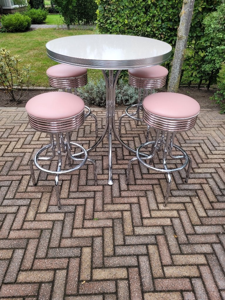4 roze Bel Air barkrukken + bartafel retro fifties sixties, Ophalen, 60 tot 90 cm, Met voetsteun, Zo goed als nieuw