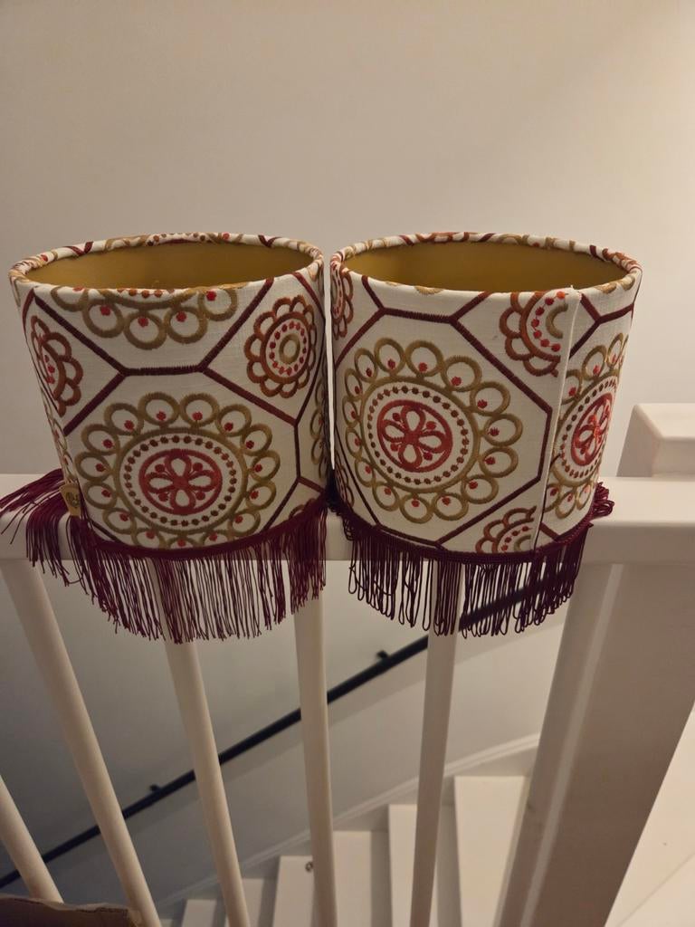 Set van 2 Oosterse lampenkappen met franjes, Huis en Inrichting, Lampen | Lampenkappen, Crème, 25 tot 50 cm, Rond, Ophalen of Verzenden