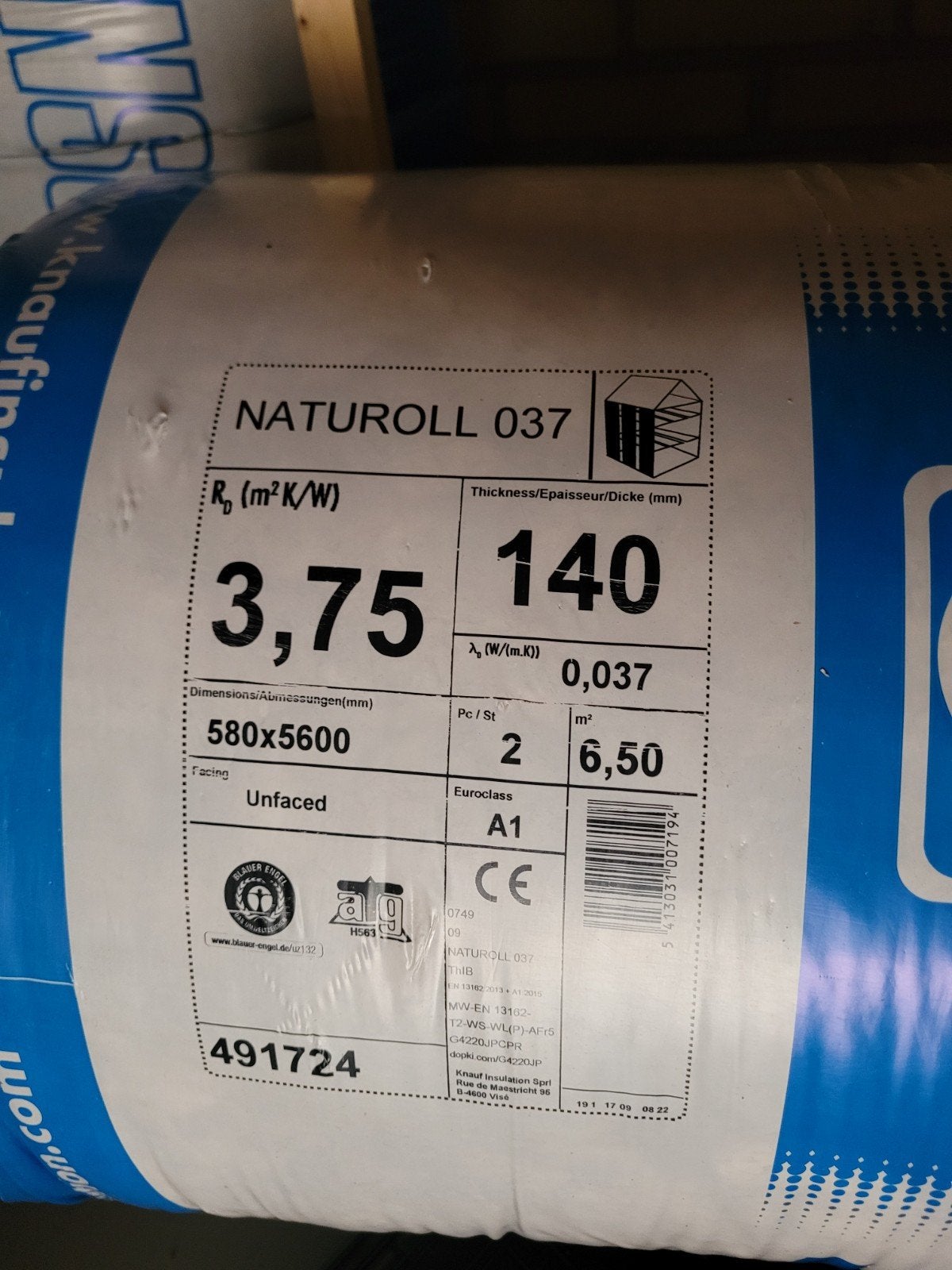 2 rollen Knauf Naturoll 037 Glaswol isolatie 140mm dik, Doe-het-zelf en Verbouw, Ophalen, 10 tot 15 m², Nieuw, Glaswol