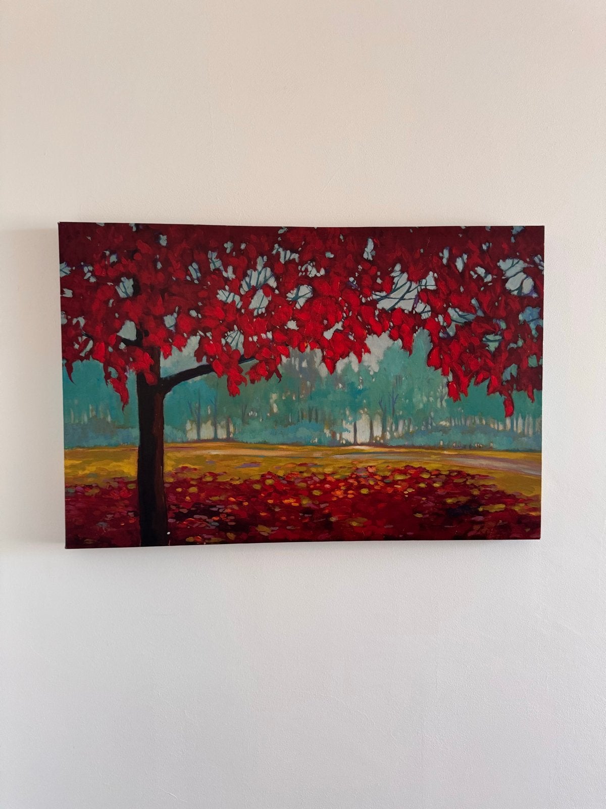 Schilderij Herfstlandschap met Rode Bladeren, Antiek en Kunst, Kunst | Schilderijen | Klassiek, Ophalen, Acrylverf, Doek, Realistisch
