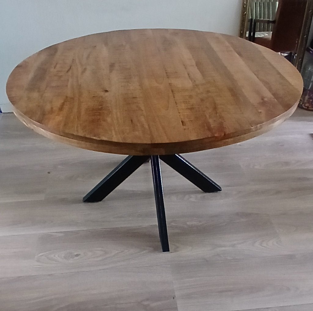 Ronde mango houten eettafel., Ophalen, Rond, Zo goed als nieuw, 100 tot 150 cm