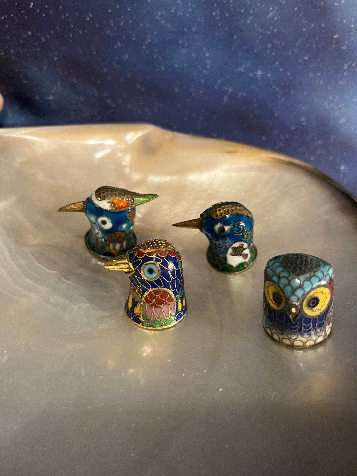 Cloisonne vingerhoedjes, vogel, uil, Ophalen of Verzenden