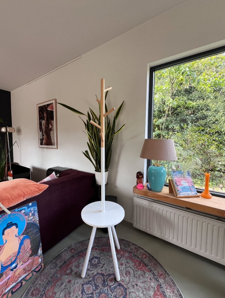 Moderne staande kapstok wit/hout met tafeltje – 170 cm, Ophalen, Gebruikt, Staande kapstok, 150 tot 200 cm