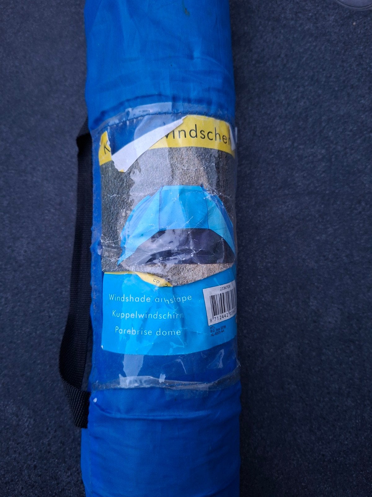 Blauw windscherm in handige hoes, Ophalen of Verzenden, Gebruikt
