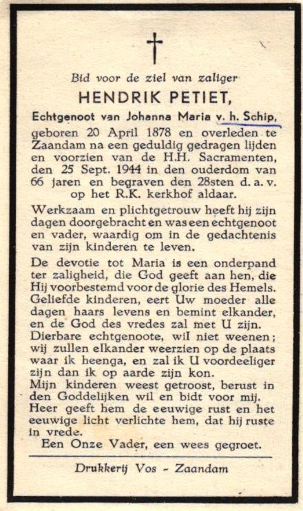 Petiet Hendrik 1878-1944 Zaandam, Ophalen of Verzenden