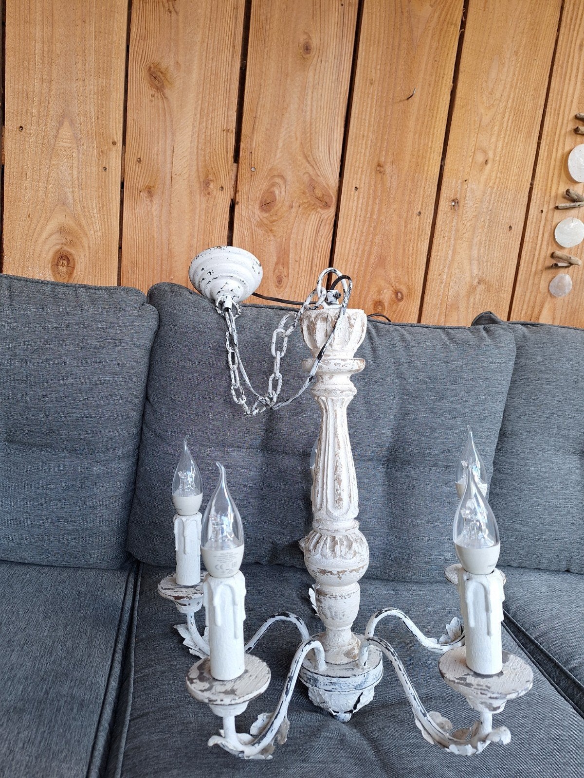 mooie brocante hanglamp, met of zonder lampen, Ophalen, Gebruikt, Hout, E14 (klein)