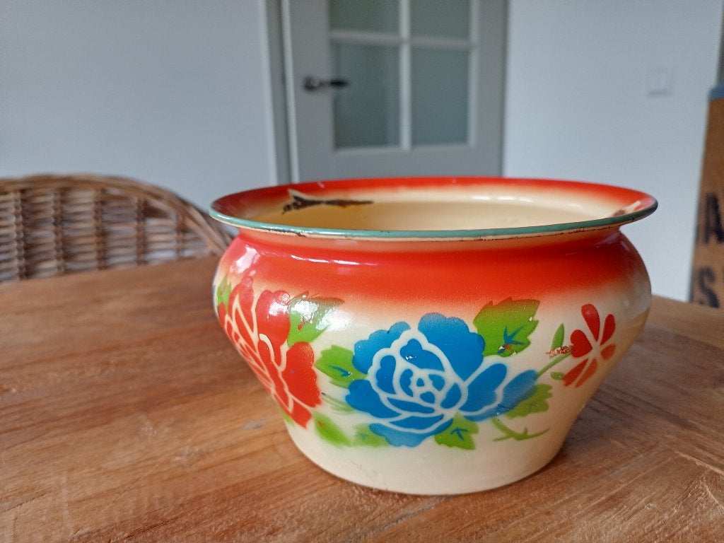 emaille kwispedoor/kom met bloemen, Ophalen of Verzenden