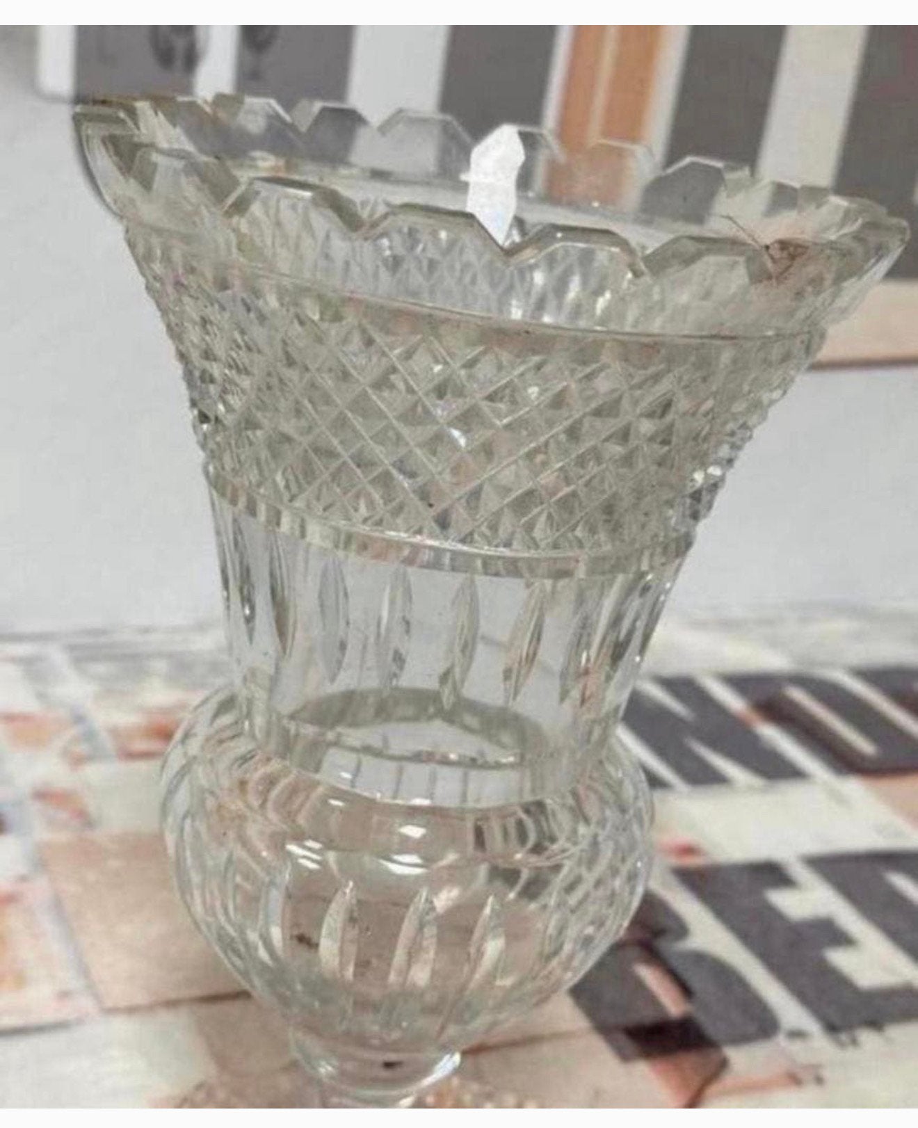 Grote kristal kristallen antieke antiek bloemen vaas helder, Ophalen of Verzenden