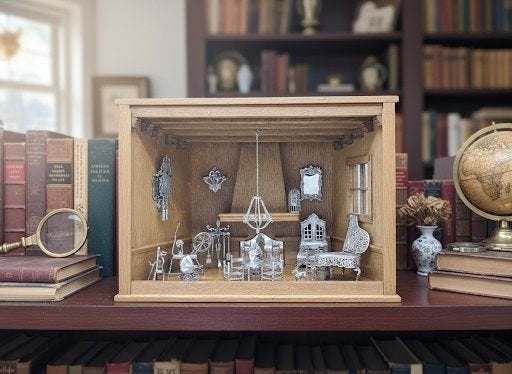 Eikenhouten kamer met 21 zilveren miniaturen, Schoonhoven