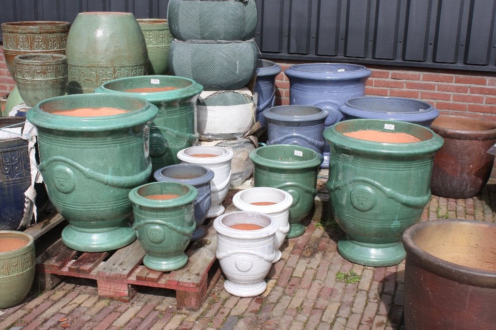 Prachtige geglazuurde bloempotten Anduze stijl groen Celadon, Ophalen, 40 cm of meer, Rond, Nieuw