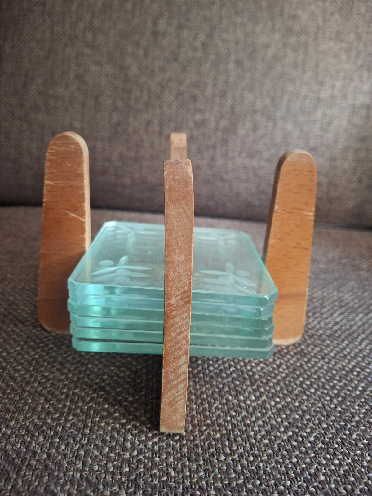 Onderzetters glas houten standaard jaren 50, Verzamelen, Ophalen of Verzenden, Gebruikt, Overige typen