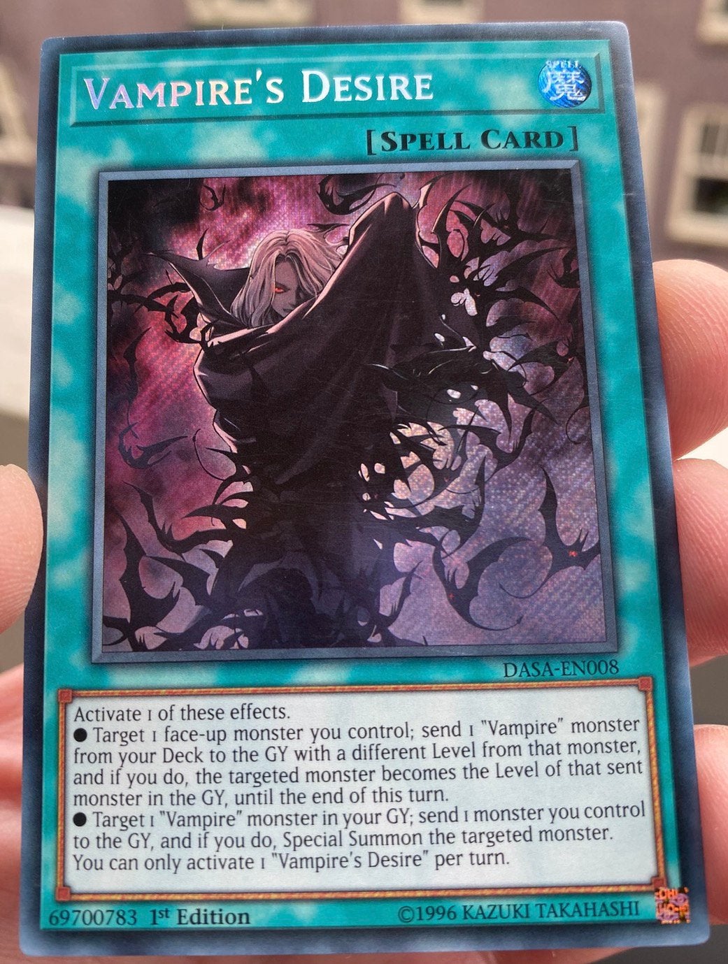 Yu-Gi-Oh! Vampire’s Desire DASA 1st Edition Foil Bleed 🩸, Ophalen of Verzenden, Zo goed als nieuw, Losse kaart, Foil