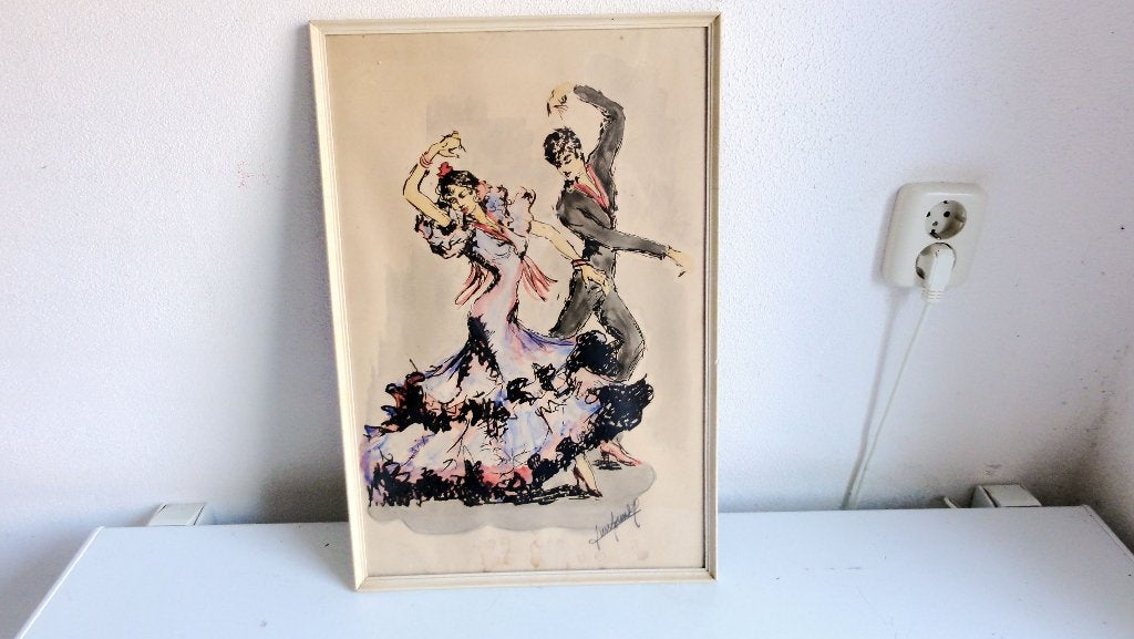 Vintage ingelijste tekening-aquarel Spaanse Flamenco dansers, Ophalen of Verzenden, Achter glas, Portret of Personen