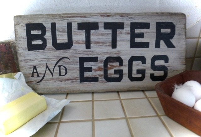 Handgeschilderd reclame bord/Butter and Eggs/boter en eieren, 21 cm, 46 cm, Hout, Ophalen of Verzenden