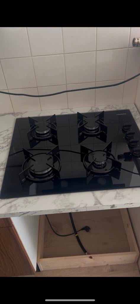 AREBOS Gasfornuis 4-pits - Zwart Glas, Ophalen, Zo goed als nieuw, Gas, Vrijstaand