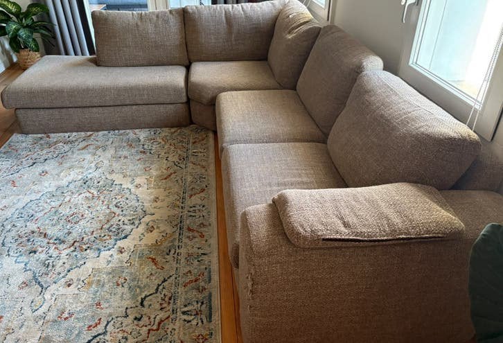 Hoekbank met chaise longue, 3 delen - Beige stof, Ophalen, Gebruikt, Stof
