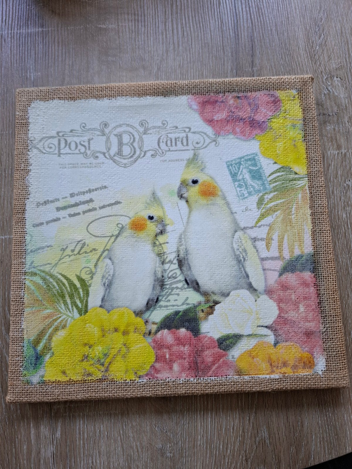 Schilderij op jute, kaketoe, 30 x 30 cm, Ophalen of Verzenden