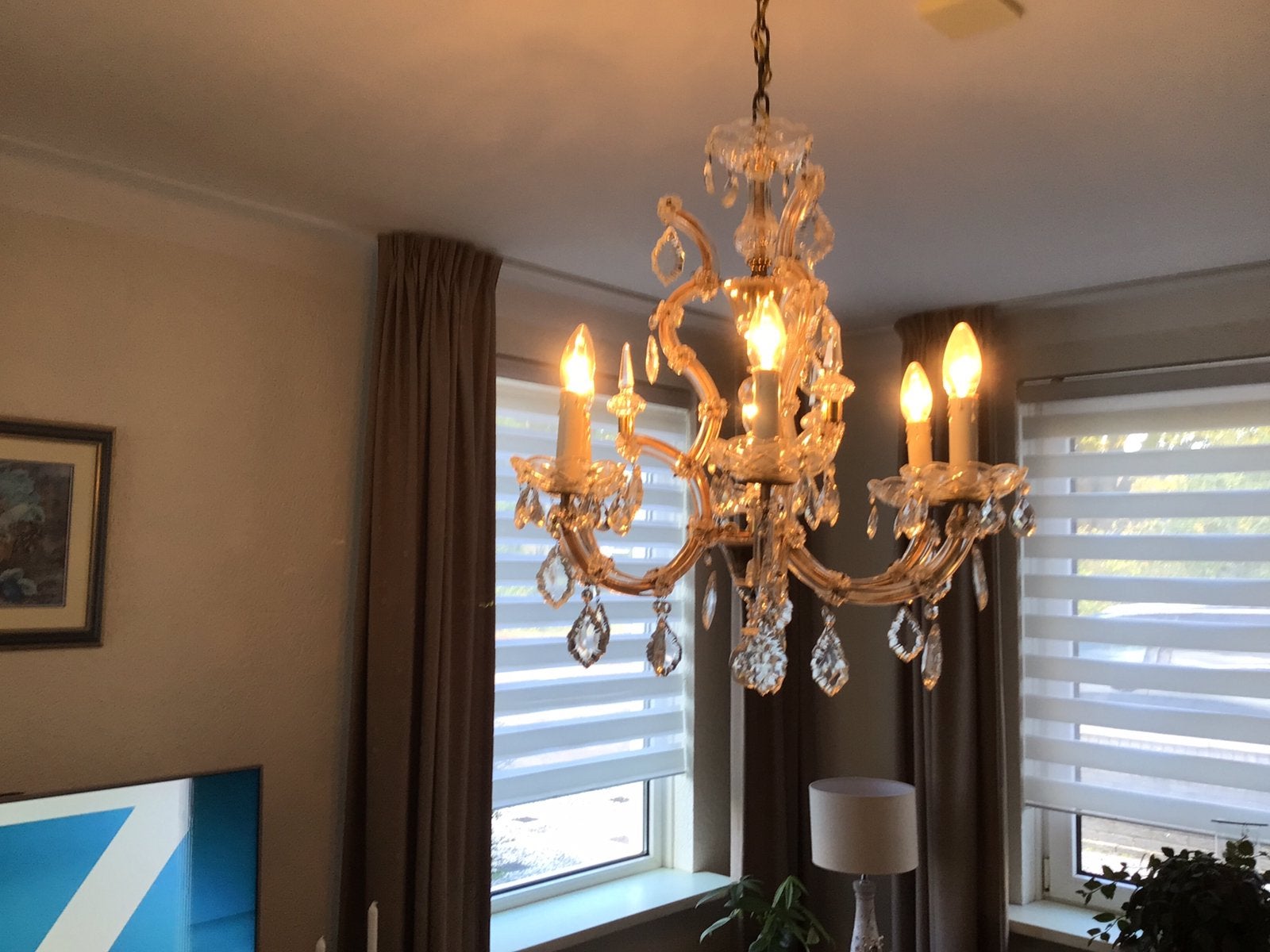 Te koop kristallen kroonluchter zes lampen, Huis en Inrichting, Ophalen, Zo goed als nieuw, Glas, E40