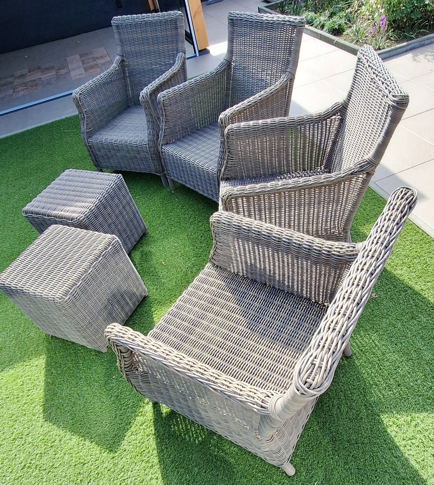 tuinset 4 stoelen met 2 hockers, Tuin en Terras, Ophalen, 4 zitplaatsen, Gebruikt, Wicker