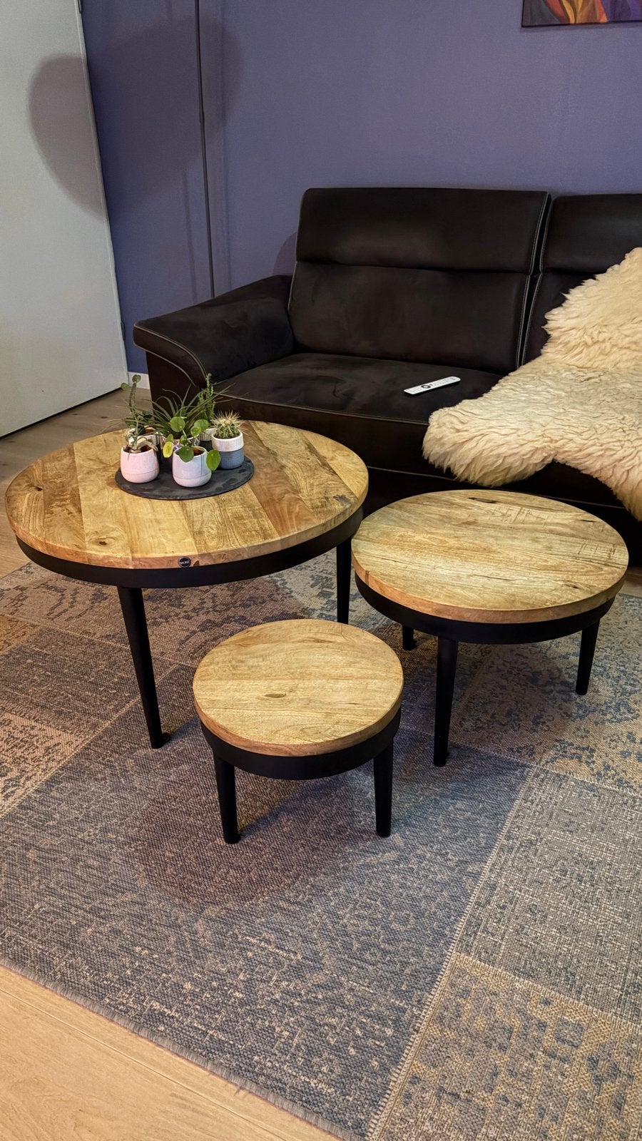 Set van 3 ronde salontafels - Mangohout en Metaal, Huis en Inrichting, Ophalen, 50 – 75, Gebruikt, Rond