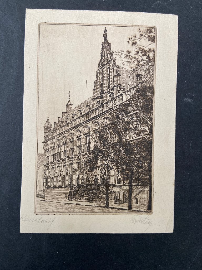 Leeuwarden gravure op ansichtkaartformaat van de Kanselarij., Antiek en Kunst, Kunst | Etsen en Gravures, Ophalen of Verzenden