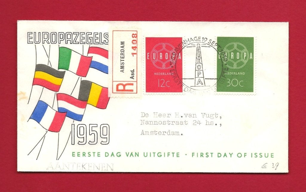 1959 Europazegels FDC E39 met gesloten klep e3, Verzenden, Beschreven, Nederland