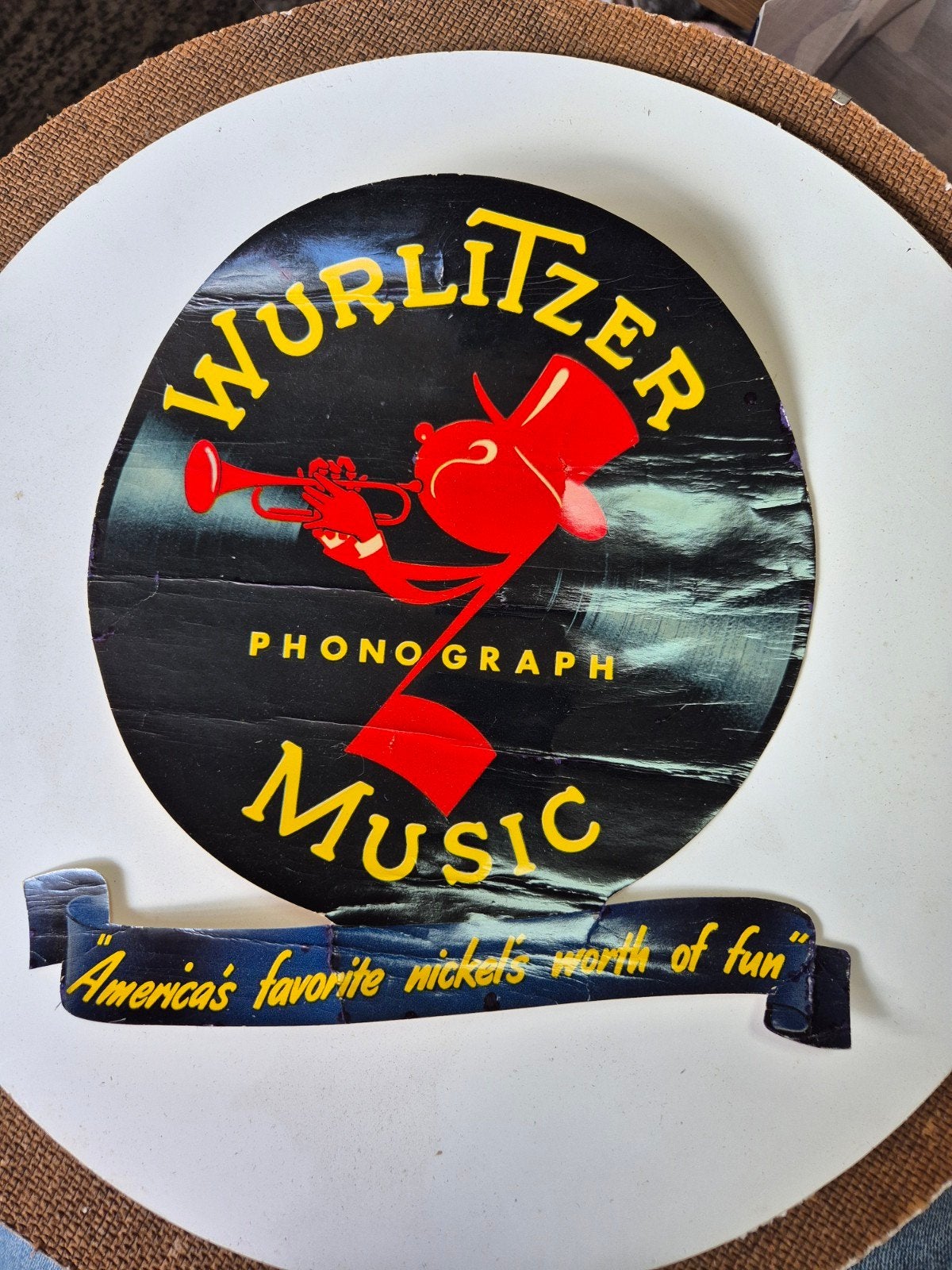 Vintage Wurlitzer Phonograph Music Transfer Sign, Ophalen of Verzenden, Gebruikt, Poster, Artwork of Schilderij