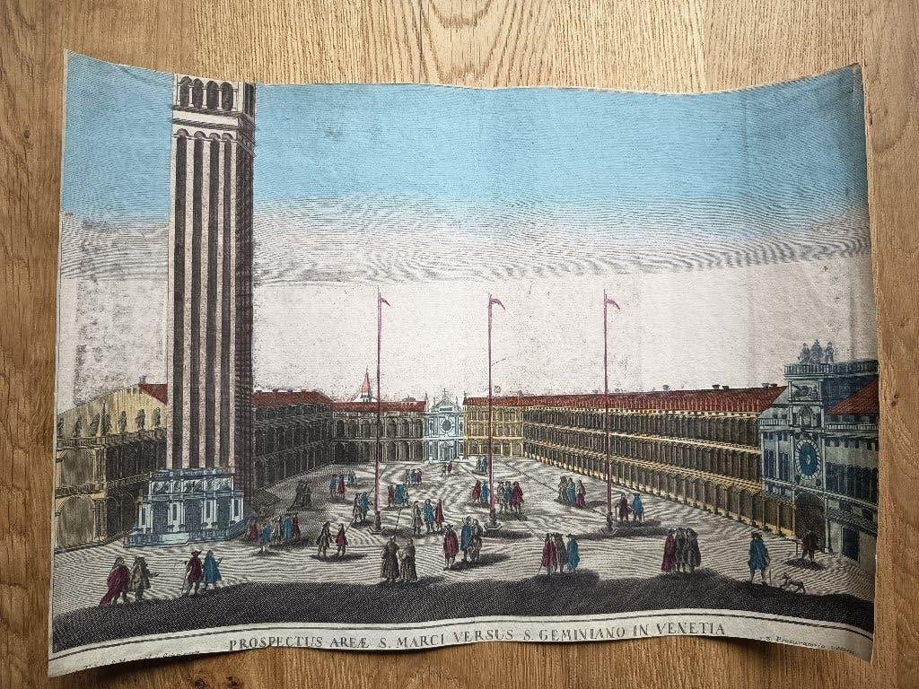 oud-handgekleurde optica-prent Venetie / Marcustoren, 31 cm, Architectuur, Handgekleurd, Ophalen of Verzenden
